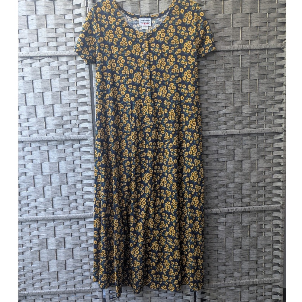 Vtg Maternity Dress Navy Blue Sunflower Floral Button Front Sz S Cottagecore